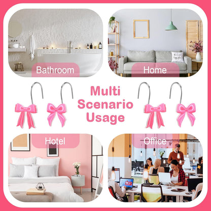 Yungyan 12 Pcs Pink Bow Shower Curtain Hooks Metal Rustproof Curtain Hangers Pink Bow Knot Decorative Stainless Steel Hook Ring for Spring Mother's Day Bathroom Wedding Birthday Preppy Bathroom Decors