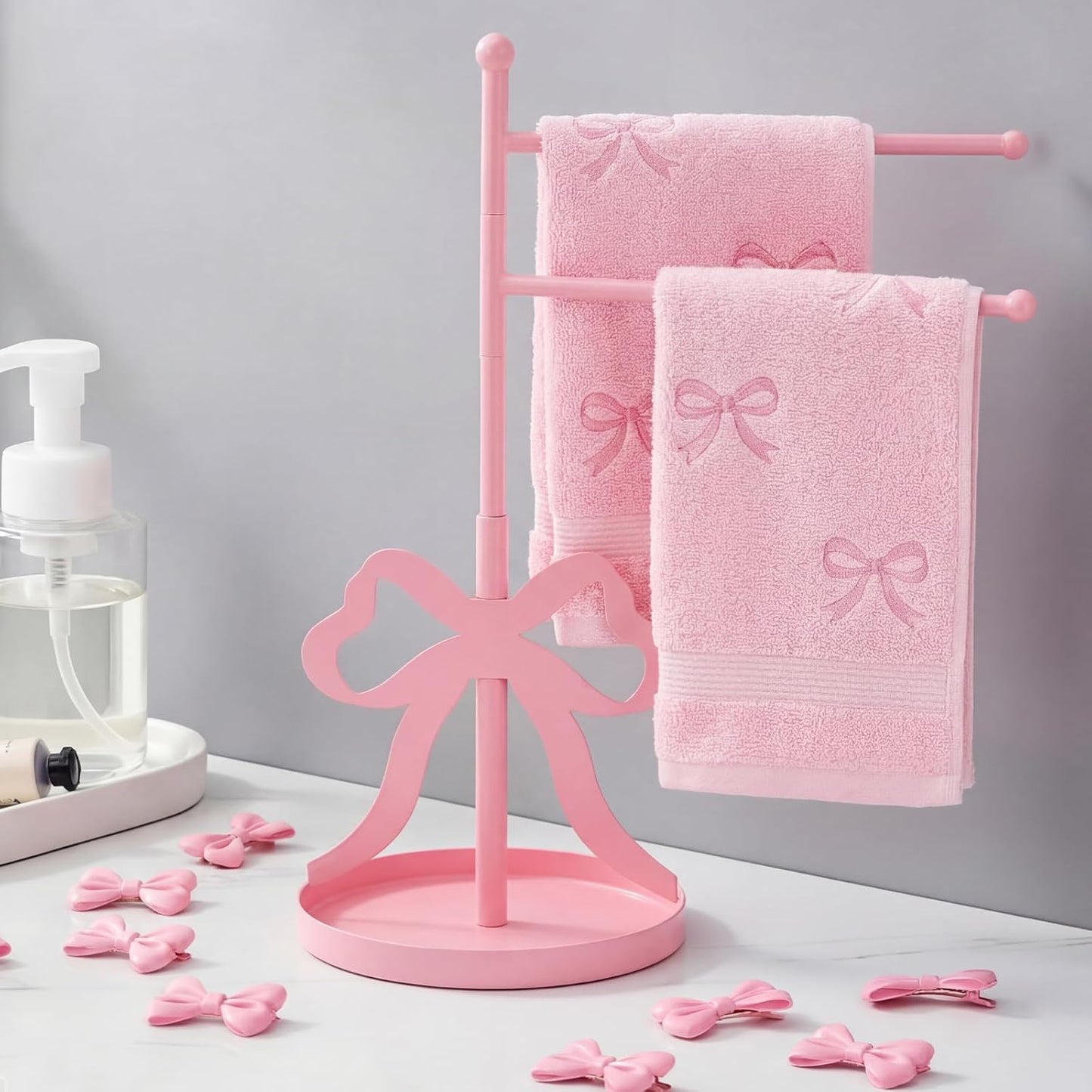 Chumia Pink Bow Towel Holder for Bathroom, F-Shape Cute Pink Hand Towel Stand with 2 Swivel Arm and Base, Coquette Jewelry Storage Standing Towels Bar for Women Girls Bathroom Kitchen Countertop