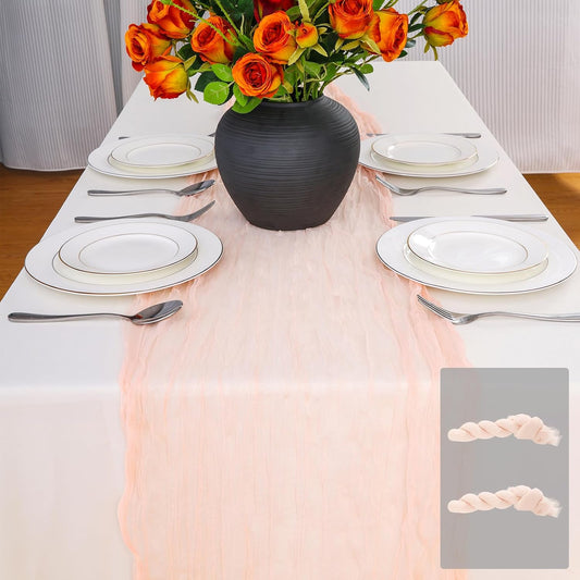 2pcs Coral Peach Spring Summer Cheesecloth Table Runner 35 x120 inches Rustic Gauze Boho Cheese Cloth Table Runner for Wedding Bridal Shower Baby Decoration