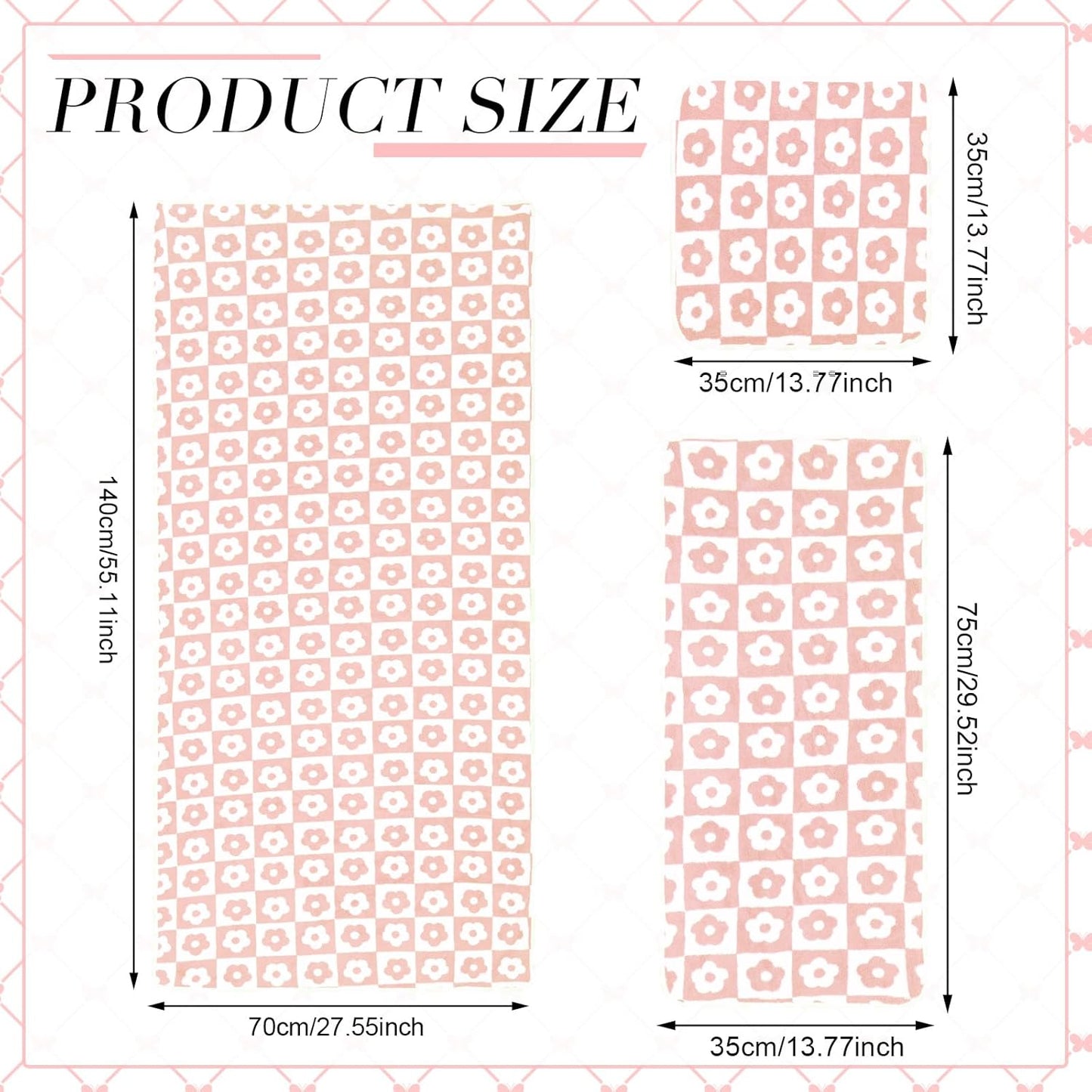 Kinlop 6 Pcs Checkered Bath Towels Set Lightweight Coral Washcloth Quick Dry Patterned Thin Coral Fleece Hand Towel for Bathroom Back to School Gym Spa Beach Accessory(Pink,Flower)