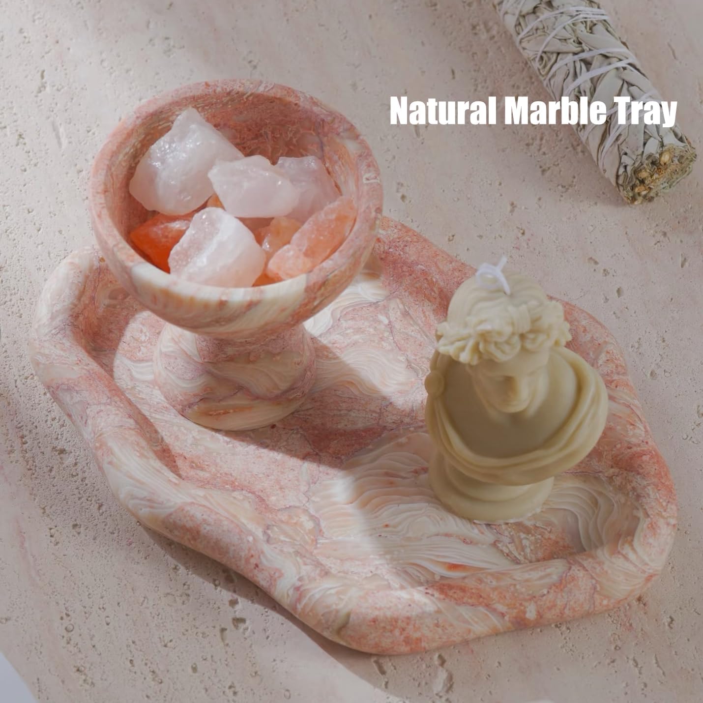 Natural Marble Vanity Tray Luxury Cloud Shape Serving Marble Storage for Bathroom, Kitchen, Plate Holder for Skincare Product, Perfume, Candle and Jewelry, Key Tray Home Décor (Shell Pink)