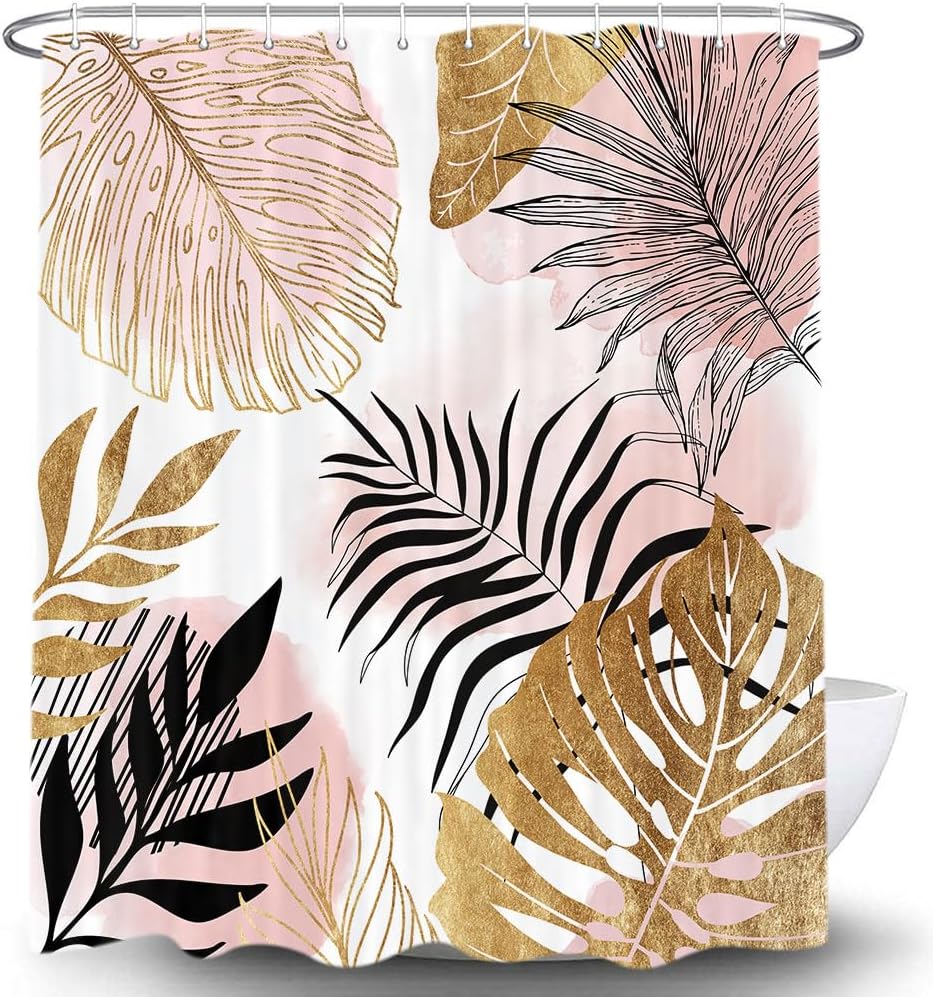 Torich Mid Century Abstract Shower Curtain for Bathroom, Pink Palm Leaves Botanica Abstract Modern Decor Bath Curtains, Gold Geometric Minimalist 47Wx64H Inches Bath Accessories with 12 Hooks