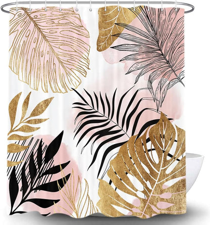 Torich Mid Century Abstract Shower Curtain for Bathroom, Pink Palm Leaves Botanica Abstract Modern Decor Bath Curtains, Gold Geometric Minimalist 47Wx64H Inches Bath Accessories with 12 Hooks