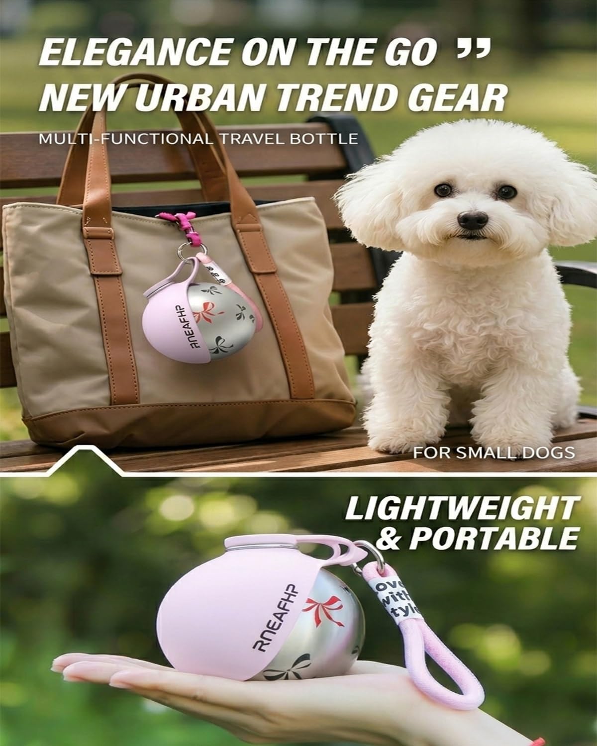 Dog Water Bottle with Bowl 2-in-1 Portable Leak Proof 10 OZ Puppy Travel Drink Dispenser for Large Medium Small Breeds Stainless Steel Hydration Tumbler Buddy Cup for Dogs Pets Outdoor(Pink A)