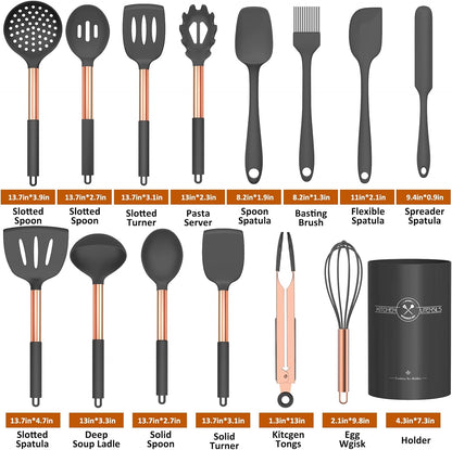 Silicone Cooking Utensil Set, Umite Chef Kitchen Utensils 15pcs Cooking Utensils Set Non-stick Silicone Rose Gold Handle Cooking Tools Whisk Kitchen Tools Set -Grey