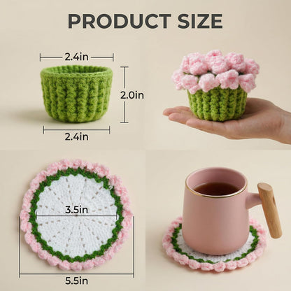 Handmade Crochet Lily Coaster Pink Foldable Flower Design with Pot Transforms from Drink Protection to Decorative Display for Kitchen Table Home Office Gift