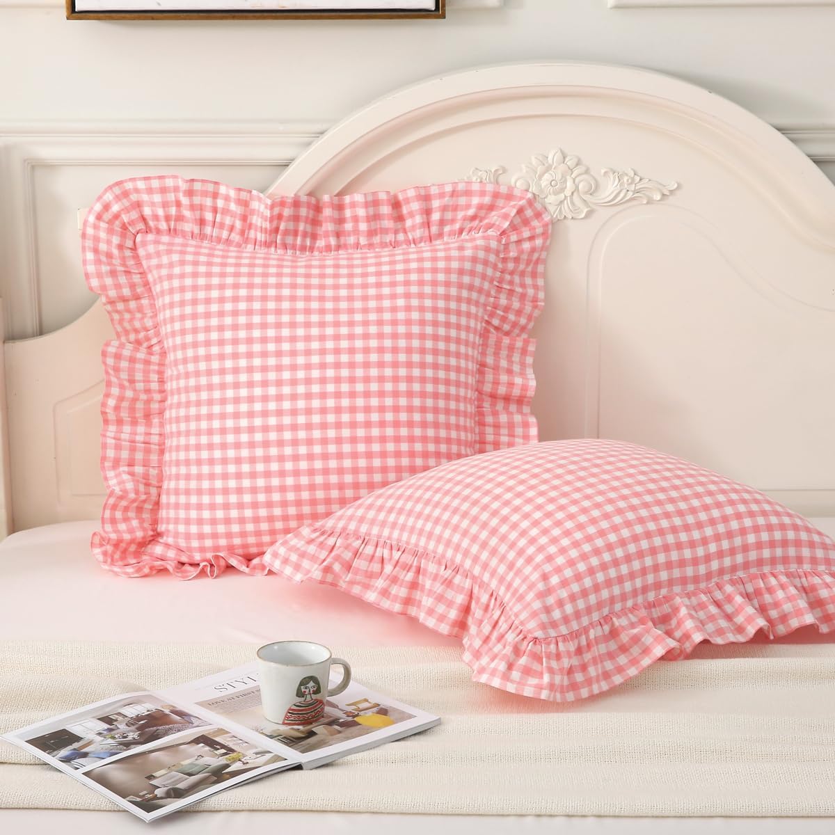 Silnuo Pink Plaid Ruffle Throw Pillow Covers Set of 2,Shabby Washed Cotton Checkered Gingham Pillow Shams Decorative Pillowcases for Sofa,Couch,Liviing Room