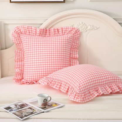 Silnuo Pink Plaid Ruffle Throw Pillow Covers Set of 2,Shabby Washed Cotton Checkered Gingham Pillow Shams Decorative Pillowcases for Sofa,Couch,Liviing Room