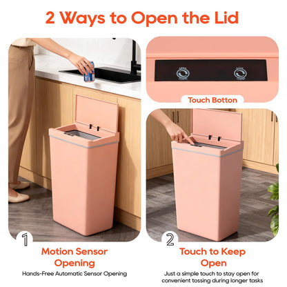 BestOffice 13 Gallon Trash Can Automatic Kitchen Trash Can Touch Free High-Capacity Garbage Can with Lid for Bedroom Bathroom Home Office 50 Liter (Black, 1) (1, Pink)