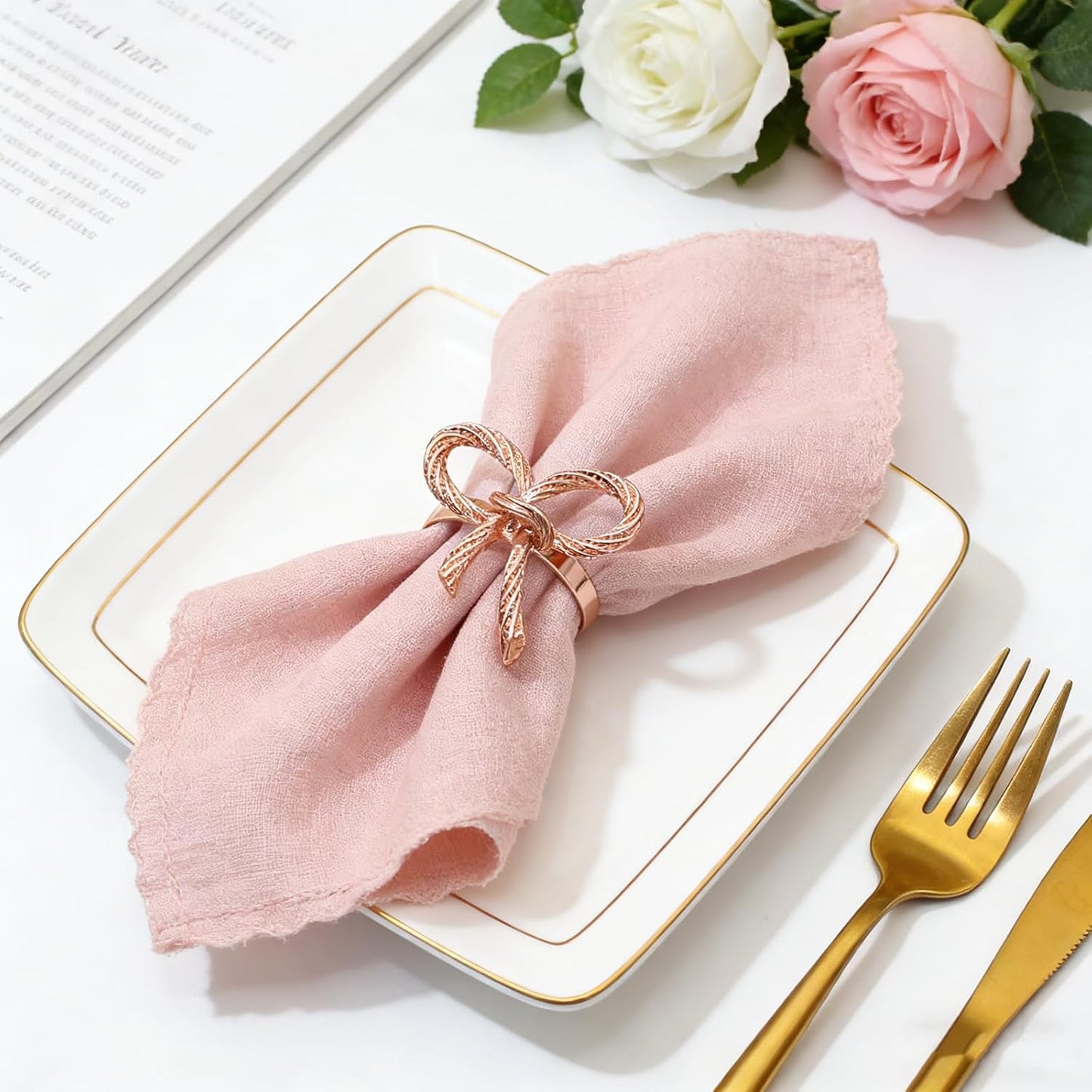 Rose Gold Bow Napkin Rings Set of 24 for Wedding Party Birthday Holiday Family Dinner Daily Table Decor,Elegant Metal Bow Tie Napkin Ring Holders for Valentine's Day Banquet Decoration