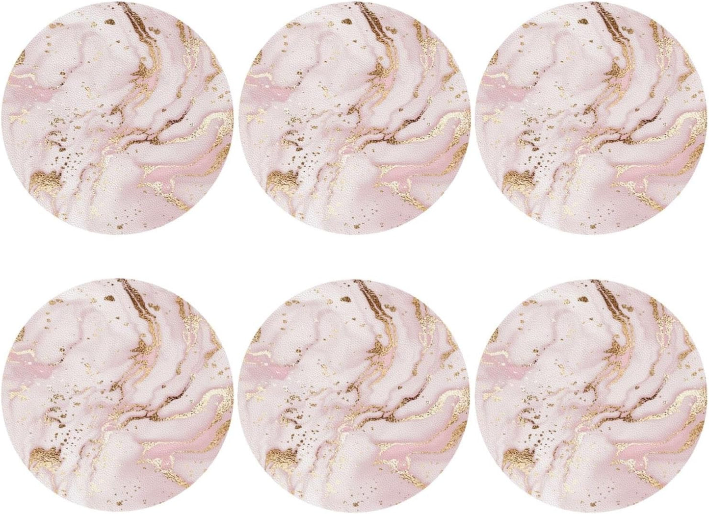 Pink White Marble Drink Coasters for Coffee Table, Portable Non-Slip Leather Gold Glitter Texture Coaster for Kitchen Living Room Office Kinds of Cups Home Decor Bar Round Coasters(Round,6 pcs)