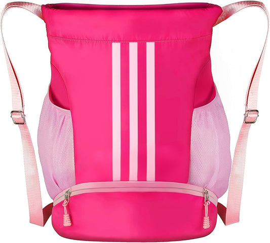 Soccer Bag, Youth Soccer Basketball Bag with Compartments Drawstring Backpack for Football Volleyball Gym Training (Pink)