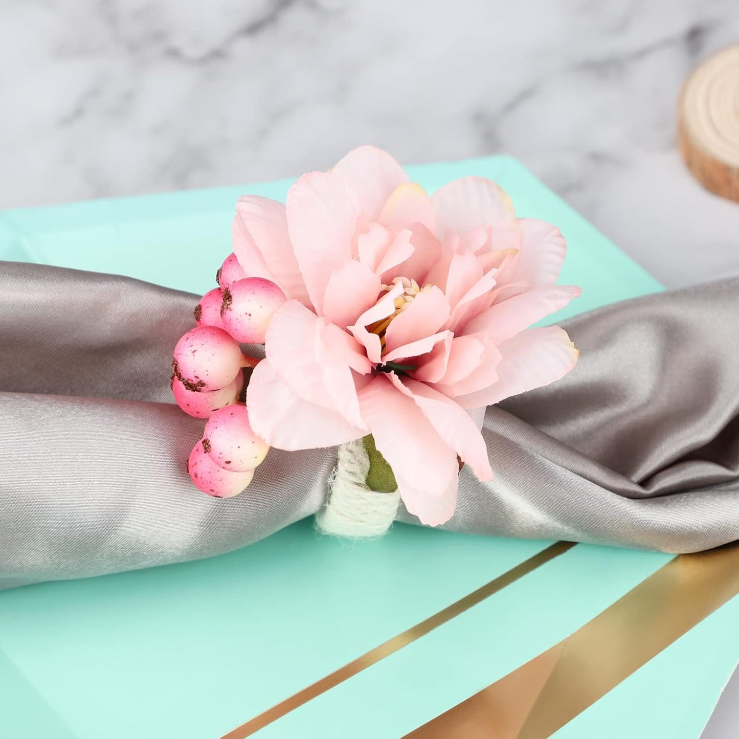 Fofetbfo Pink Flower Napkin Rings Set of 12 Silk Flower Napkin Holder with Pink Berries Wedding Napkin Holder Buckles for Wedding Birthday Party Dinner Tables Decor