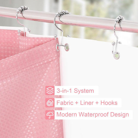 3 in 1 Stall Half Size Pink Shower Curtain Set-36 W x 72 H, Modern Waffle Waterproof Fabric and PEVA Liner Set with Stainless Steel Hooks