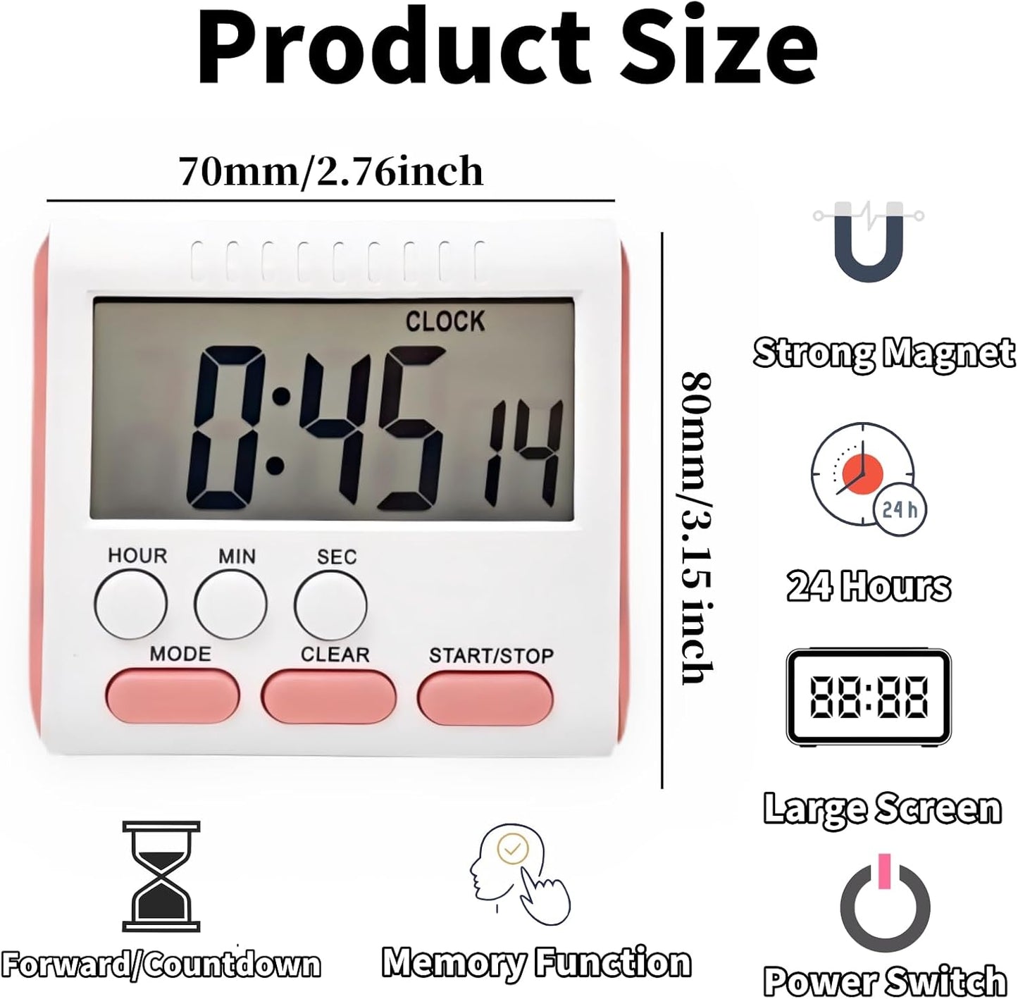 24 Hour Digital Timer Magnetic Kitchen Timer with Clip Large Screen Alarm Clock Refrigerator Magnet for Small Cooking Hour Timers and Home Use Perfect for Fridge and Stove (Pink)