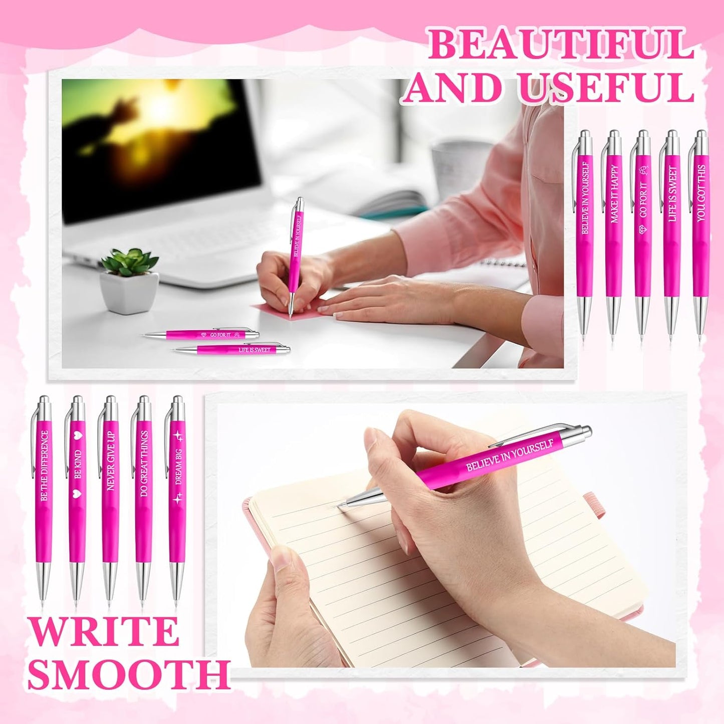 Zhanmai 100 Pcs Bulk Pink Inspirational Pen Bulk Retractable Motivational Ballpoint Pens with Encourage Quote Gift for Christmas Teacher Coworkers Office Supplies Student Team Writing, Black Ink 1 mm