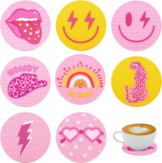 Lallisa 8 Pcs Pink Car Coasters Preppy Cup Holder Coasters Preppy Car Accessories Pink Leopard Smile Face Cup Holder Anti Slip Heat Silicone Mugs Mat for Woman Auto Home Office Table 2.8''