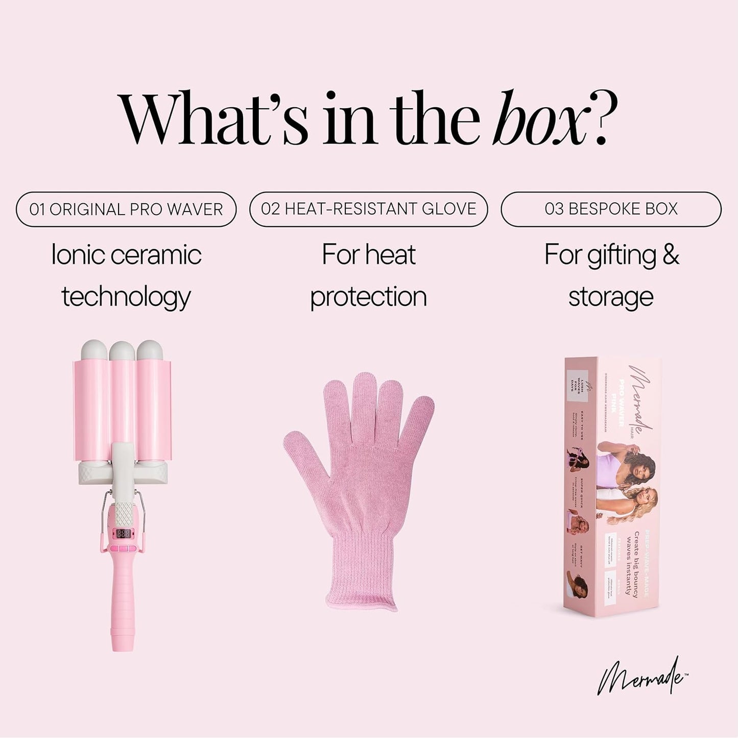 Mermade PRO Hair Waver 1.25" - 3 Barrel Curling Iron 1 1/4 Inch, Ceramic Barrel Waver Tool for Thick, Thin, Long, or Short Hair - 1.25", Pink with Glove