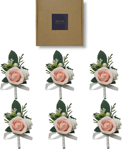 6PCS Blush Pink Boutonniere for Men,Coral Pink Boutonniere Pins for Men Groomsmen Guest, Artificial Flowers for Wedding Decor Prom Homecoming