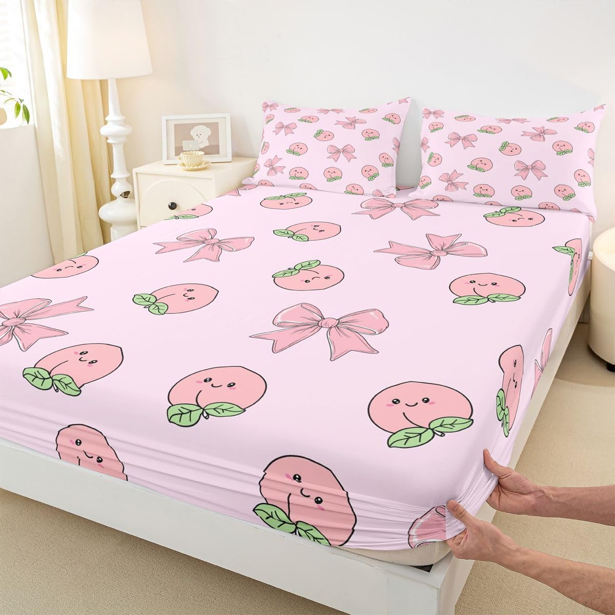 Erosebridal Bowknot Fitted Sheet Full Size Peach Bed Sheets Cute Cartoon Peaches Kawaii Pink Bow Bedding Set for Kids Boys Girls Fruit Princess Ribbon Bowtie Sheets