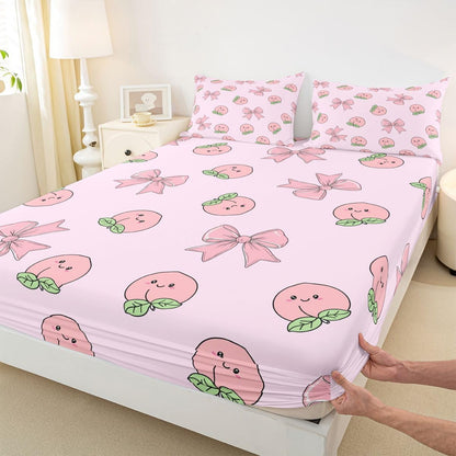Erosebridal Bowknot Fitted Sheet Full Size Peach Bed Sheets Cute Cartoon Peaches Kawaii Pink Bow Bedding Set for Kids Boys Girls Fruit Princess Ribbon Bowtie Sheets