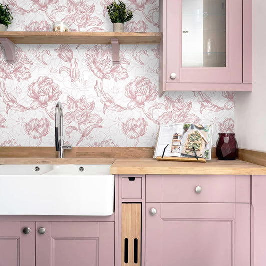 Timeet 17.7In ×197In Pink Peel and Stick Wallpaper, Floral Peel and Stick Wallpaper Boho Contact Paper Removable Self Adhesive Bedroom Cabinet Mural Wall Decor Vinyl Roll