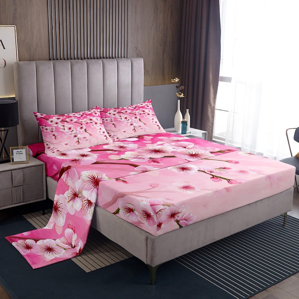 Peach Blossom Kids Sheet Twin Size,Pink Flowers Spring Romantic Bedding Set,Girls Boys Adults Bedroom Decor,Florals Rustic Nauture View Dreamy Bed Sheet Set 3pcs(Fitted + Flat + 1 Pillowcase)