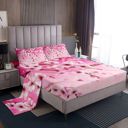 Peach Blossom Kids Sheet Twin Size,Pink Flowers Spring Romantic Bedding Set,Girls Boys Adults Bedroom Decor,Florals Rustic Nauture View Dreamy Bed Sheet Set 3pcs(Fitted + Flat + 1 Pillowcase)