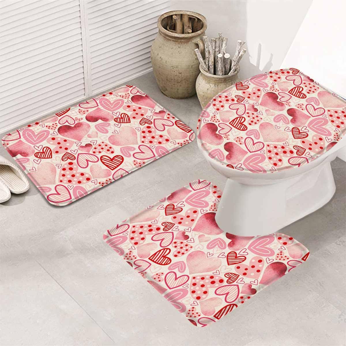 Valentine's Day Bathroom Rug Sets 3 Piece, Non Slip Bath Mat, Romantic Light Pink Loves Polka Dot Absorbent Floor Mats Bath Rugs with U-Shaped Contour Rug Toilet Lid Cover Bathroom Decor Large
