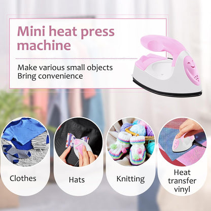 Honoson Mini Craft Iron Mini Heat Press Small Iron 3.93 x 2.36 x 2.76 in Portable Handy Tiny Flatiron with Charging Base Accessory for Fuse Bead Patch DIY Heat Transfer Vinyl(Light Pink,White)