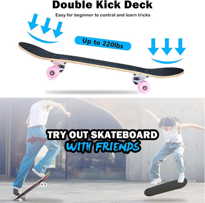 Skateboard,31 x 8 Inch Complete Skateboard, 8-Layer Maple Wood Deck Double Kick Standard Skateboards for Kids, Teens, Adult, Beginner