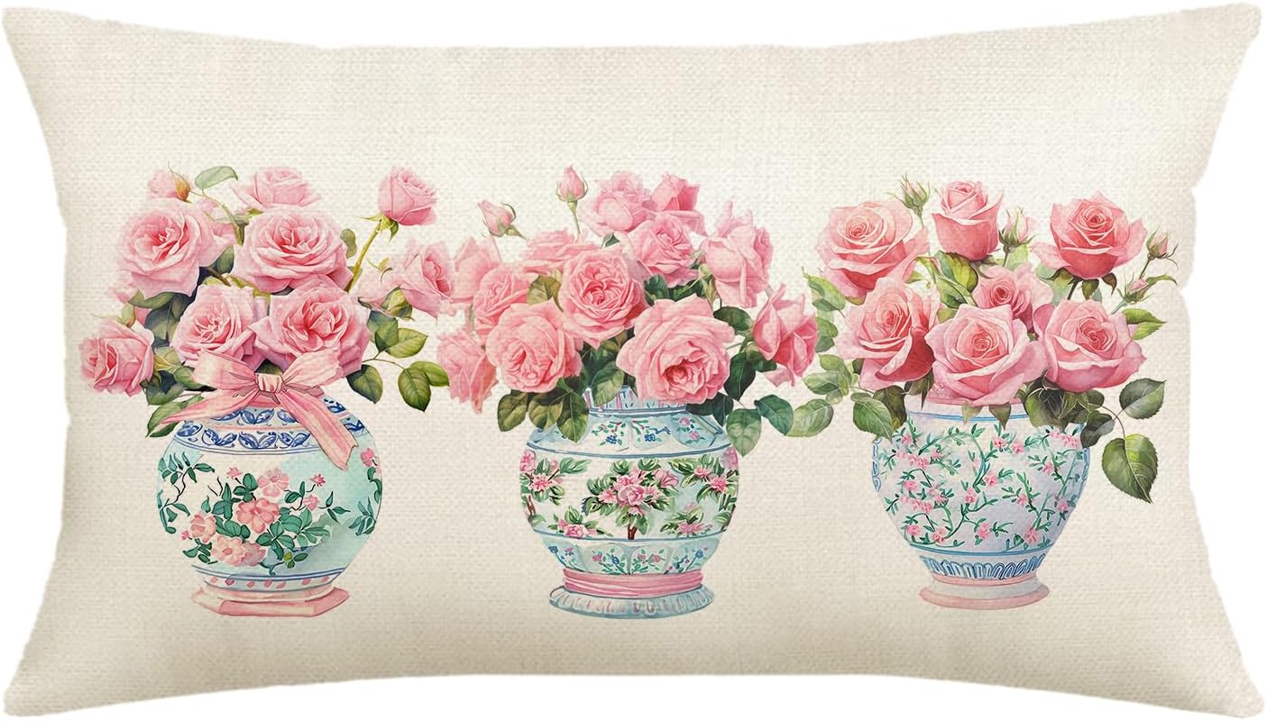 Pink Flowers and Leaves Pillow case, Chinoiserie Floral Pattern Pillow Cover, Flower Rose Case Cushion Cover Couch Sofa Decorative 12x20 inches