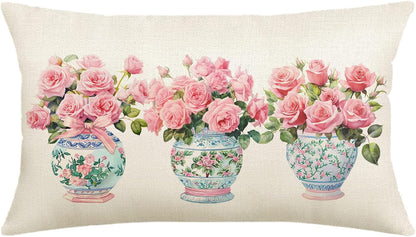 Pink Flowers and Leaves Pillow case, Chinoiserie Floral Pattern Pillow Cover, Flower Rose Case Cushion Cover Couch Sofa Decorative 12x20 inches