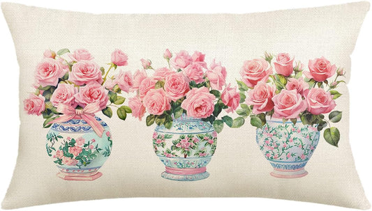 Pink Flowers and Leaves Pillow case, Chinoiserie Floral Pattern Pillow Cover, Flower Rose Case Cushion Cover Couch Sofa Decorative 12x20 inches