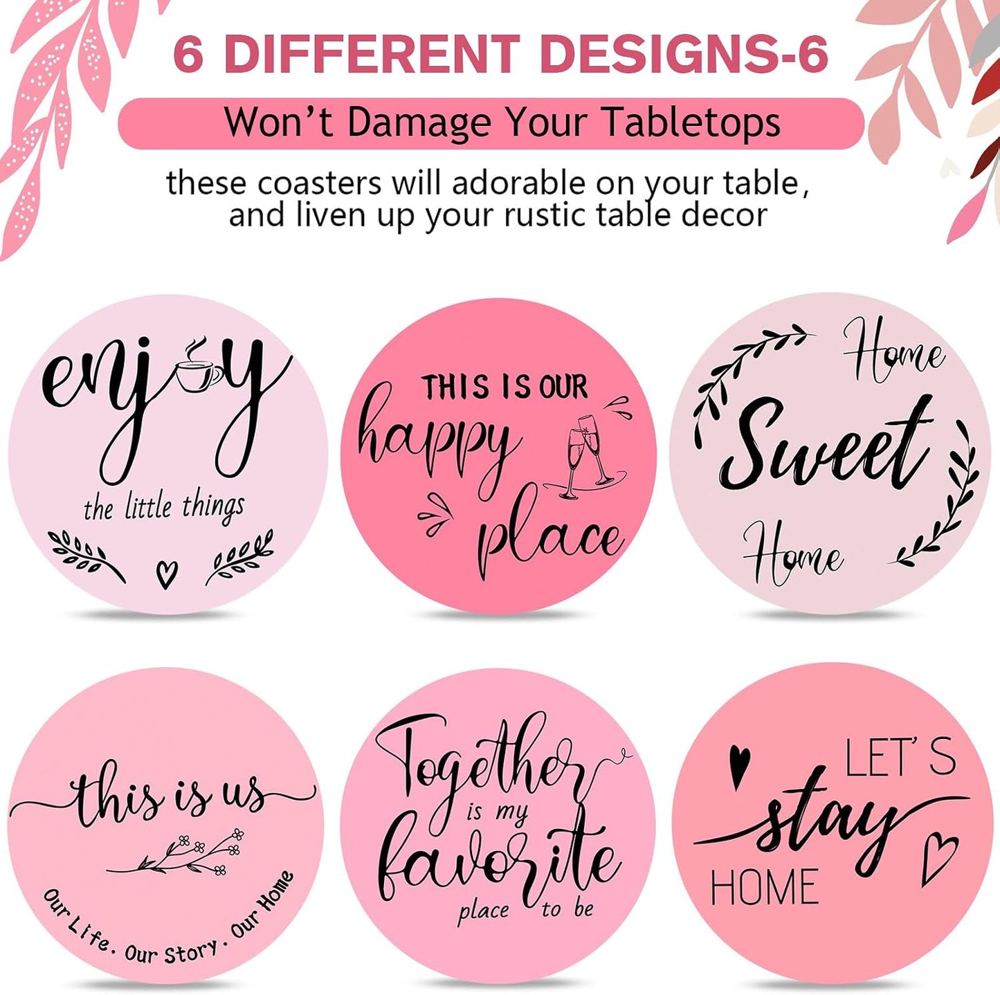 Queekay Coasters Set of 6 House Warming Gifts New Home Wooden Farmhouse Drink Coasters with Holder 4'' Funny Decoration for Kitchen Family Coffee Bar Tabletop Protection(Pink)