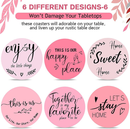 Queekay Coasters Set of 6 House Warming Gifts New Home Wooden Farmhouse Drink Coasters with Holder 4'' Funny Decoration for Kitchen Family Coffee Bar Tabletop Protection(Pink)