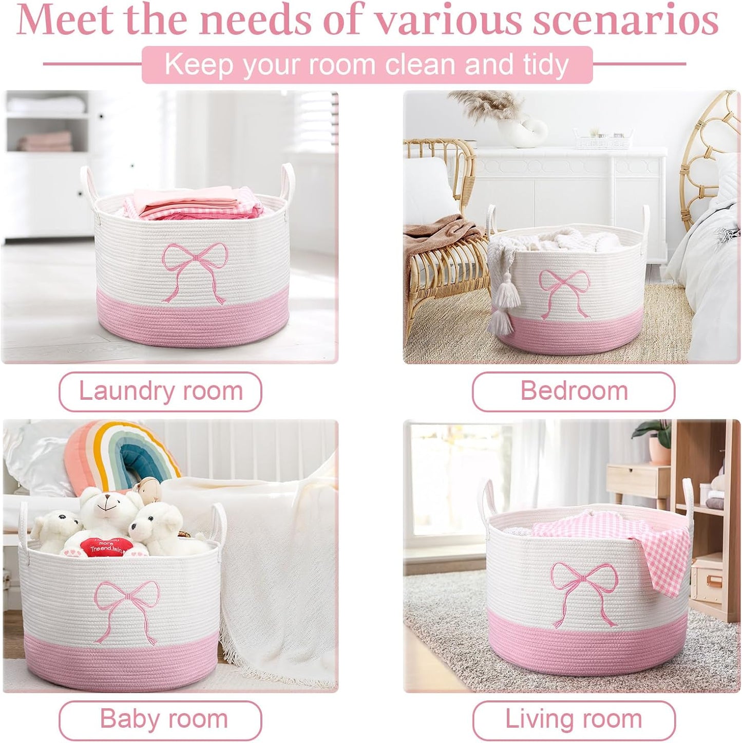 Honeydak Large Pink Laundry Basket Bow Hamper Cotton Rope Pink Laundry Hamper 13 x 20 Inch Toy Box Coquette Bow Girly Nursery Basket Storage for Bedroom Bathroom Blanket Clothes Organization