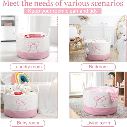 Honeydak Large Pink Laundry Basket Bow Hamper Cotton Rope Pink Laundry Hamper 13 x 20 Inch Toy Box Coquette Bow Girly Nursery Basket Storage for Bedroom Bathroom Blanket Clothes Organization