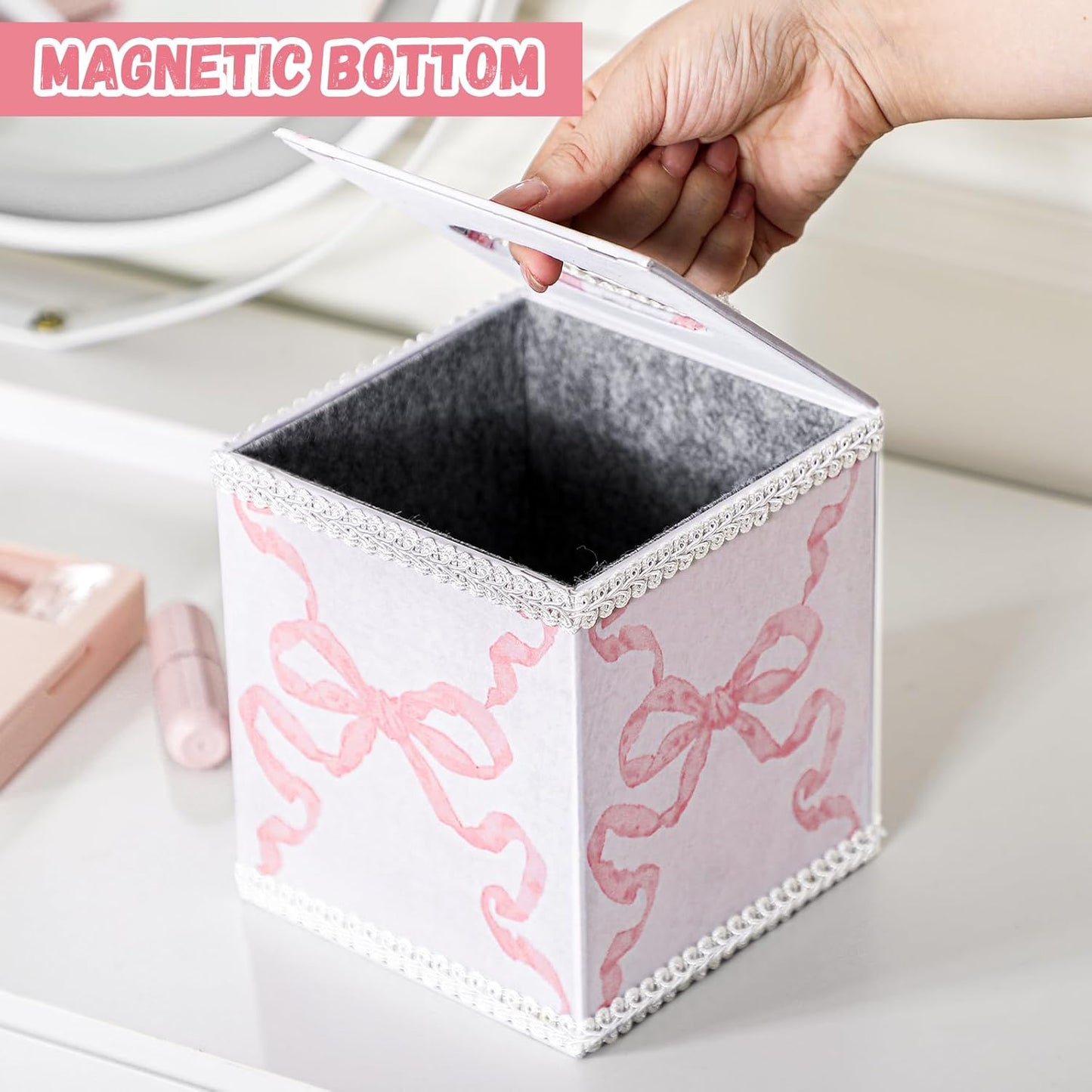 Jingmore Pink Bow Tissue Box Cover Cotton Luxury Coquette Tissue Holder with Magnetic Closure Square Cube Box Holder for Living Room Bathroom Table Desk Home Office Car Decor