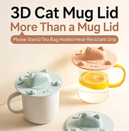 Cat Silicone Tea Bag Holder and Mug Cover, Set of 2 - Non-Slip, Dishwasher Safe, Heat Resistant Cup Topper (Light Pink)