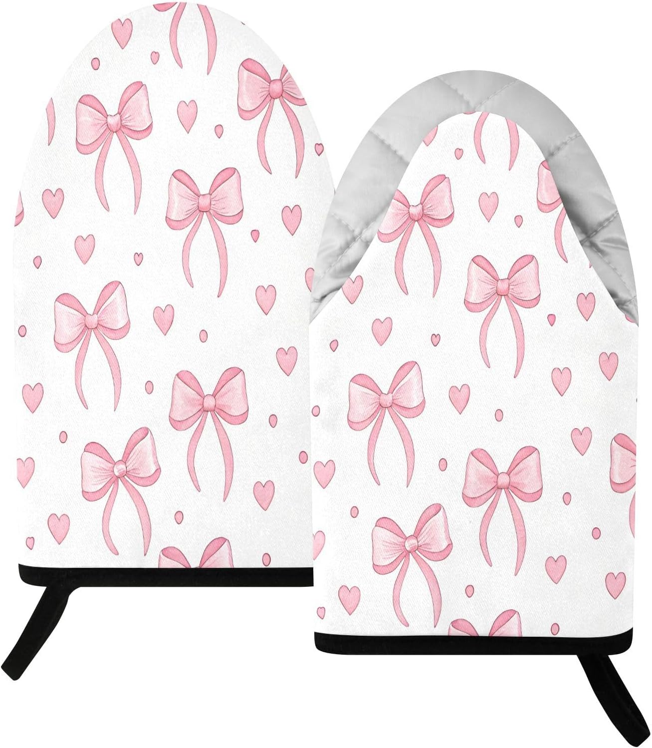 Pink Bows Hearts Non-Slip Oven Mitts Set Heat Resistant Kitchen Gloves with Quilted Liner Cotton Machine Washable with Hanging Loop for Baking Grilling BBQ