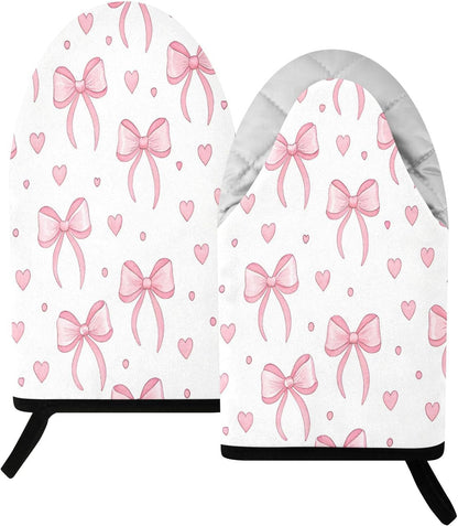 Pink Bows Hearts Non-Slip Oven Mitts Set Heat Resistant Kitchen Gloves with Quilted Liner Cotton Machine Washable with Hanging Loop for Baking Grilling BBQ
