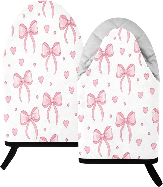Pink Bows Hearts Non-Slip Oven Mitts Set Heat Resistant Kitchen Gloves with Quilted Liner Cotton Machine Washable with Hanging Loop for Baking Grilling BBQ