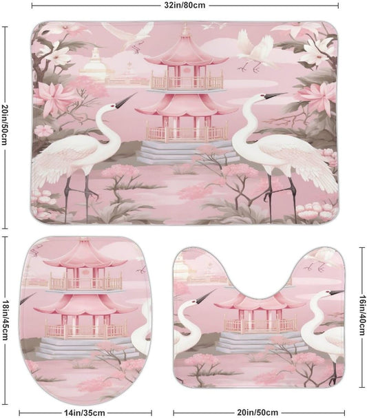 Chinoiserie Light Pink Pagoda and Cranes Bathroom Rugs Bath Mats Set 3 Piece 20"x32" Vintage Garden Plants Bath Rugs and U-Shaped Contour Toilet Rug Bath Mats Shower Mats Bath Rug Mat