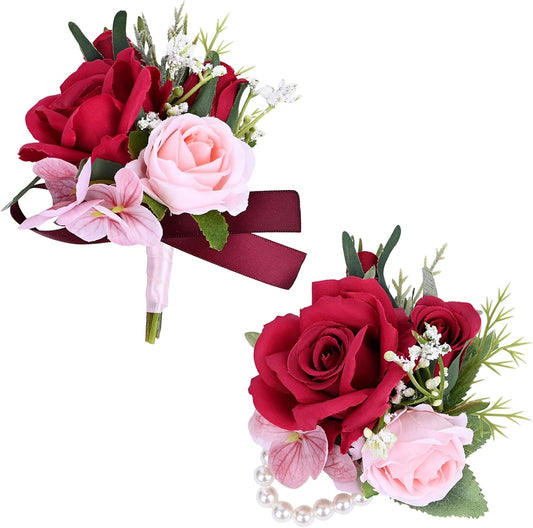 MAFELOE 2 Pieces Boutonniere Wrist Corsage Set, Artificial Rose Flowers Men Women Bride Groom Wedding Prom Party Suit Decor - Red+Pink