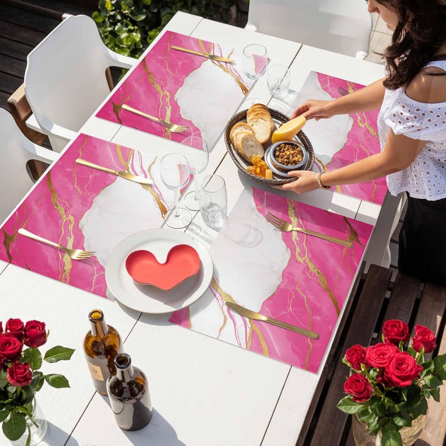 Abstract Marble Placemat Set of 4 Non-Slip Placemats for Dining Table Marble Pink Washable Table Mats, Heat Resistant Kitchen Table Mats for Party, Dining Room & Home Decor