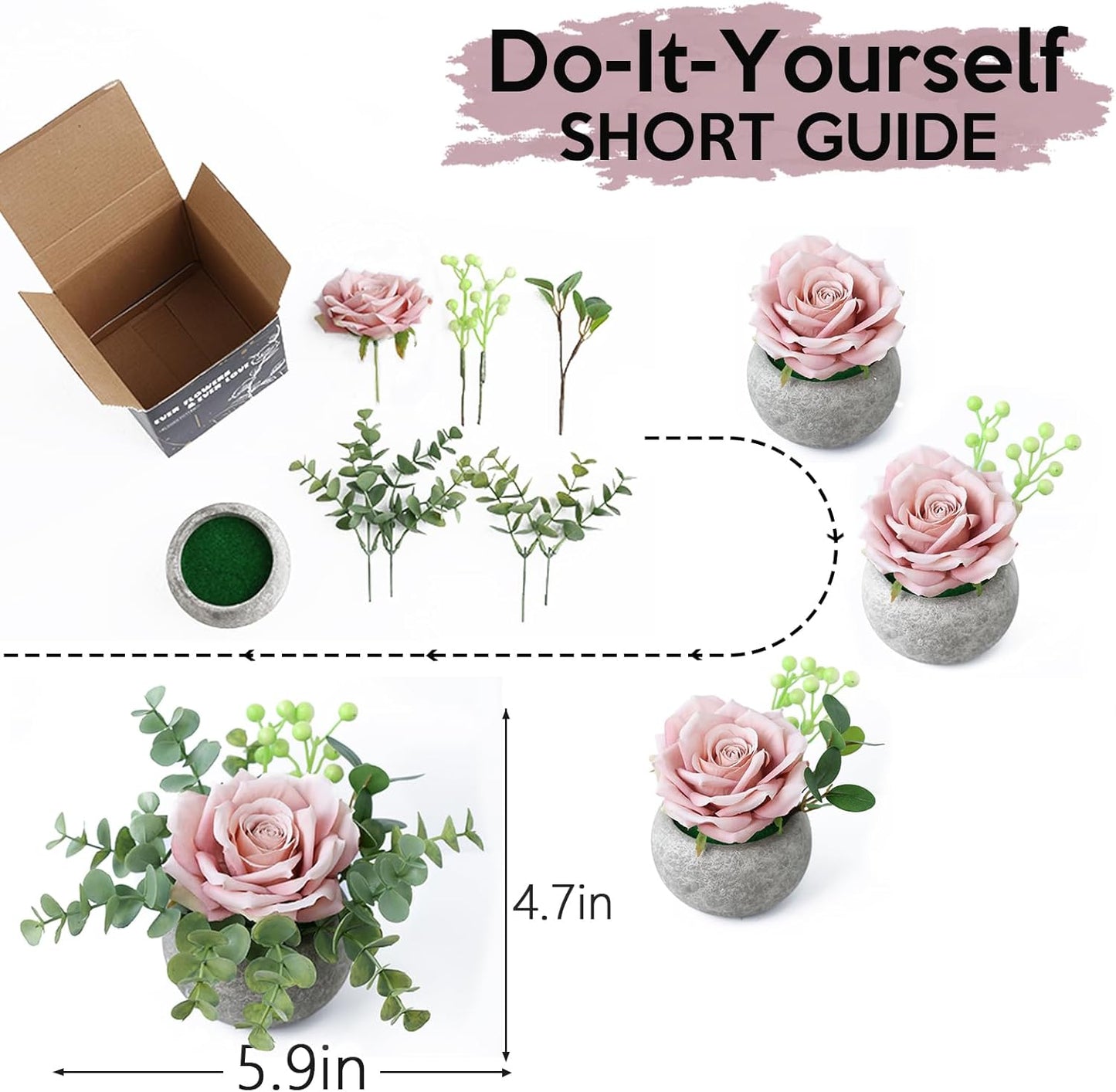 mizii DIY Small Artificial Flowers Potted Kit Fake Flower Realistic Silk Rose and Greenery with Vase for Gifts Table Centerpiece Mantle Office Desk Shelves Living Room Decorations (Light Pink)