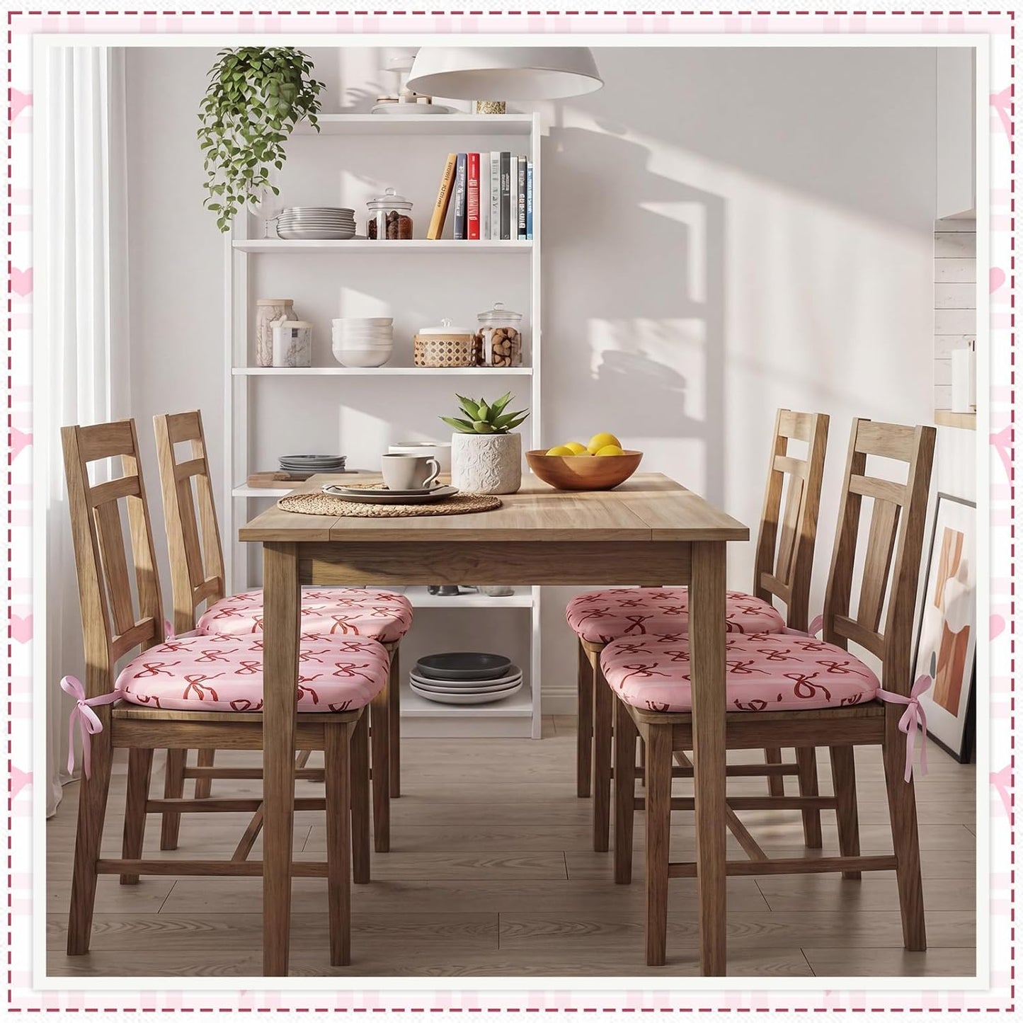 6 Pack Pink Bow Chair Cushions for Dining Chairs 17" x 16" x 2" D-Shaped Breathable Linen Kitchen Chair Pads with Ties Washable Non Slip Seat Cushion for Dining Kitchen Office Indoor
