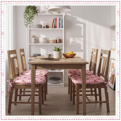 6 Pack Pink Bow Chair Cushions for Dining Chairs 17" x 16" x 2" D-Shaped Breathable Linen Kitchen Chair Pads with Ties Washable Non Slip Seat Cushion for Dining Kitchen Office Indoor