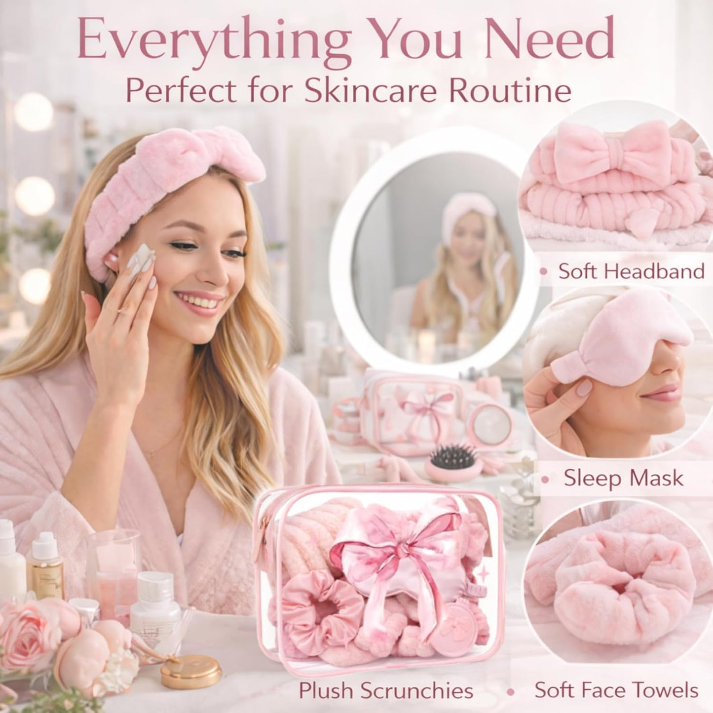 Yebo 64 Pcs Pink Bow Spa Party Favors for Women and Girls, 8 Set Sleepover Spa Party Supplies with Sleep Eye Mask, Wristband, Scrunchie, Bow Headband, Mirror, Hair Comb and Gift Bags